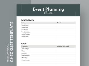 Checklista för eventplanering med sektioner för översikt och budget.